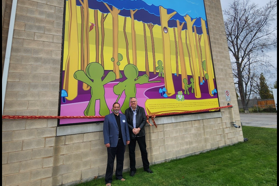 Kiwanis Club of St. Catharines representatives, Rick Westlake of Thorold and Club President Erik Dreifelds, during the unveiling of the mural.