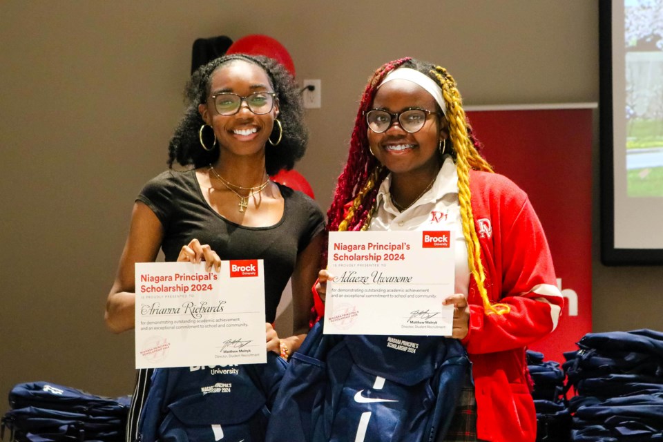 Arianna Richards and Adaeze Uwaneme of Denis Morris Catholic School receive Niagara Principal’s Scholarships at Brock University on Wednesday, May 15.