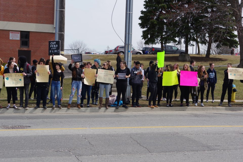 Thorold Secondary Students joined thousands of others across the province, walking out of classrooms to protest proposed cuts to the education system. Bob Liddycoat / Thorold News