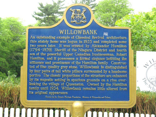 Plaque at Willowbank Museum. Photo Ontario Heritage Plaques