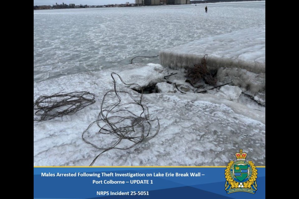 Marine Unit officers arrested two males that had ventured out onto the ice on bicycles and went to the Lake Erie break wall. The males were seen stripping wire/cable from the break wall.