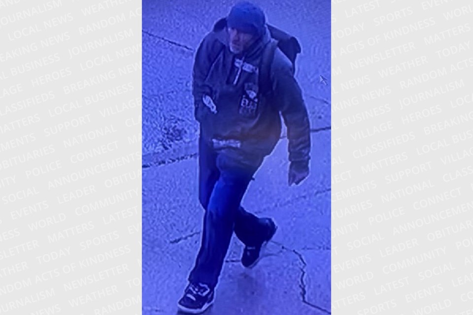 This suspect is considered armed and dangerous. He is male white, approximately 50 years of age with a medium build. He has a salt and pepper goatee.n He wearing a ECKO brand hooded jacket
 with logos and patches on chest area, a winter wool toque, blue jeans, dark coloured running shoes with white coloured soles and white trim. He was carrying a dark backpack. He is wanted for second-degree murder and attempted murder.