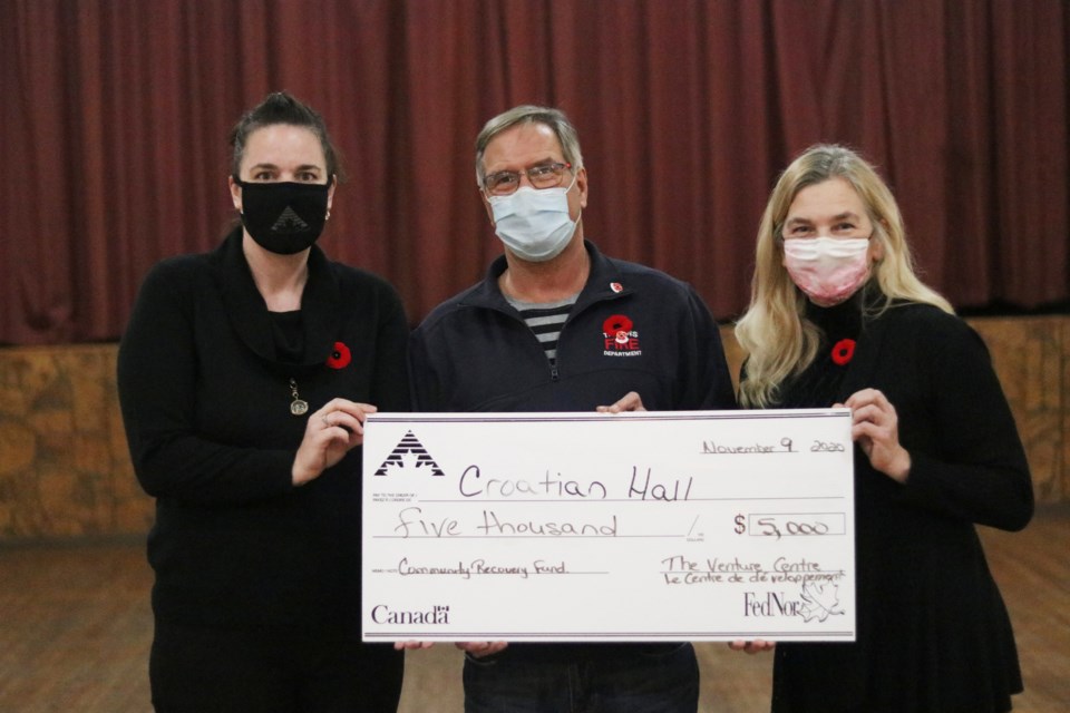 The Venture Centre executive director Roxanne Daoust, Croatian Society: Schumacher's president Dennis Sebalj and Darlene Polowy at the cheque presentation Tuesday. Dariya Baiguzhiyeva/TimminsToday