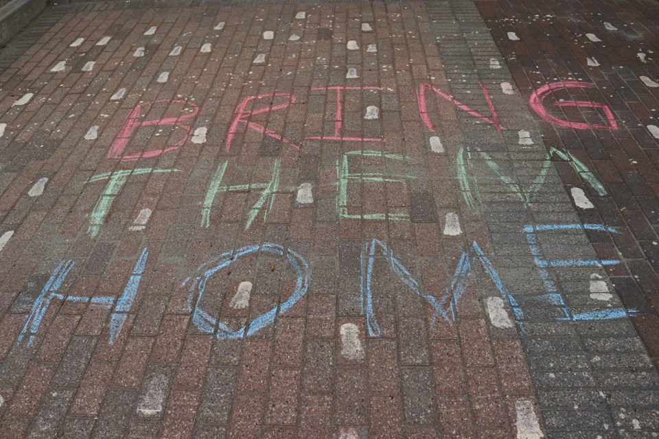 Chalk drawings were made in downtown Timmins in memory of thousands of Indigenous children whose remains were found at former residential schools across Canada.