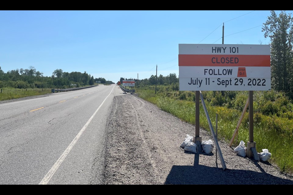 Summer brings road construction to Northern highways. Here, a sign alerts motorists to a detour for work being done on Hwy. 101 in the Shillington area.