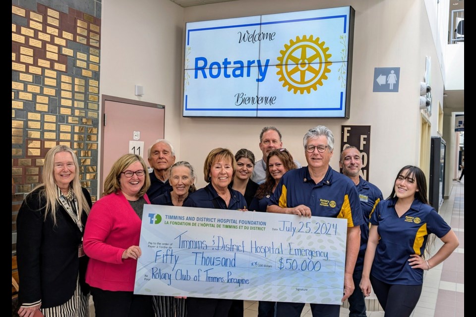 The Rotary Club of Timmins-Porcupine gathered at the Timmins and District Hospital to present a cheque as part of their $50.000 donation to improve the emergency room.