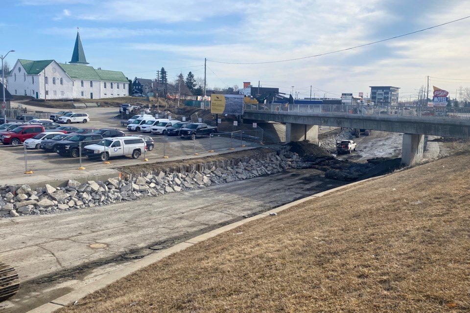 Work on the Connecting Link to remove the Algonquin Boulevard overpass on April 11, 2024. 