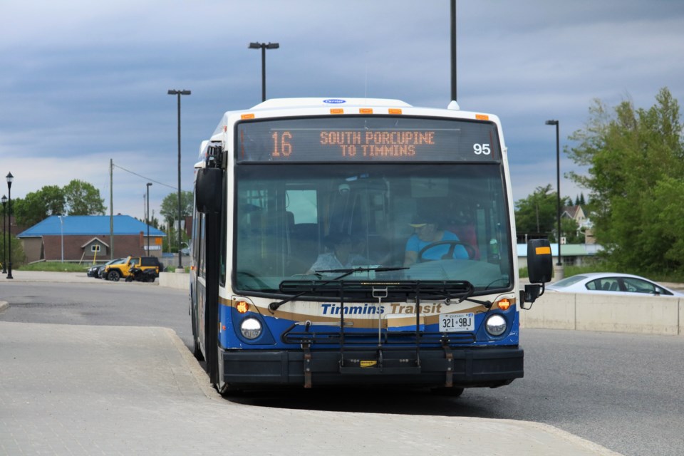 A Route 16 bus prepares to leave the station on Spruce Street South. Andrew Autio for TimminsToday