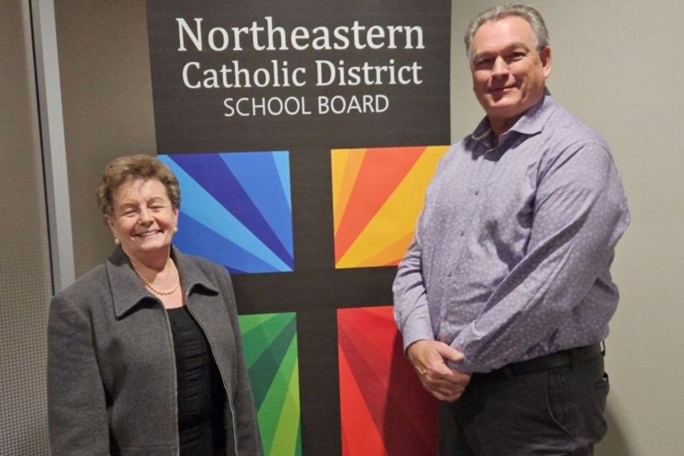 Glenn Sheculski, right, and Colleen Landers were acclaimed as the Northeastern Catholic District School Board chair and vice-chair, respectively,