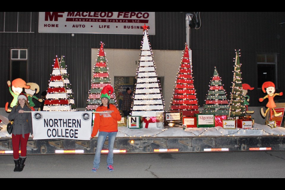 Northern College Community float at the Timmins Santa Claus Parade on Saturday, Nov. 12, 2016. Pictured (Left to Right): Deanna Van Bommel, Business Administration student at Northern College, and Darcquise Ingram, Motive Power Technician – Heavy Equipment student at Northern College. Photo provided