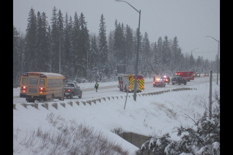 Emergency crews at the scene of Friday's motor vehicle collision on Highway 101 near South Porcupine. Andrew Autio for TimminsToday                               