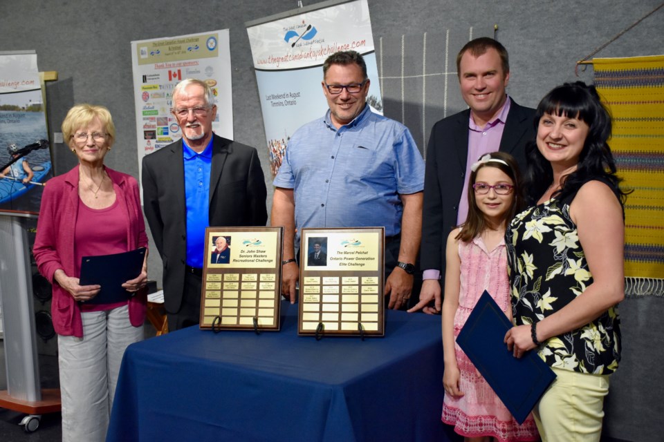 Gwen Shaw, left, Jack Watson, Guy Lamarche, Timmins Mayor Steve Black, and Robyn Pelchat at the dedication ceremony for races in memory of Dr. John Shaw and Marcel Pelchat. Maija Hoggett/TimminsToday