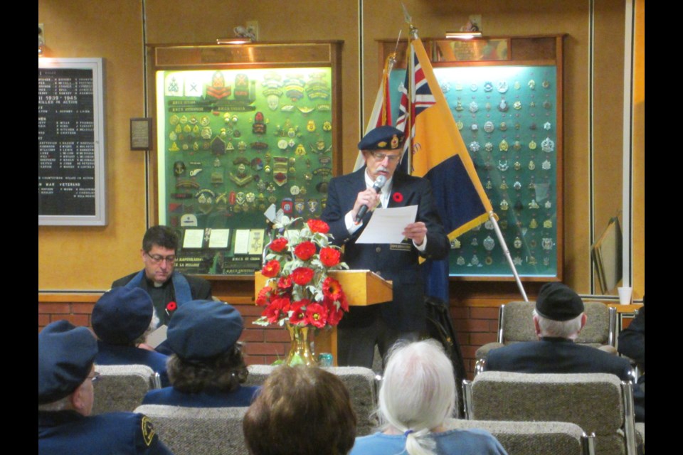 Legion Branch 287 recites a poem as a part of the annual Remembrance Day ceremonies in South Porcupine. Andrew Autio for TimminsToday.                                