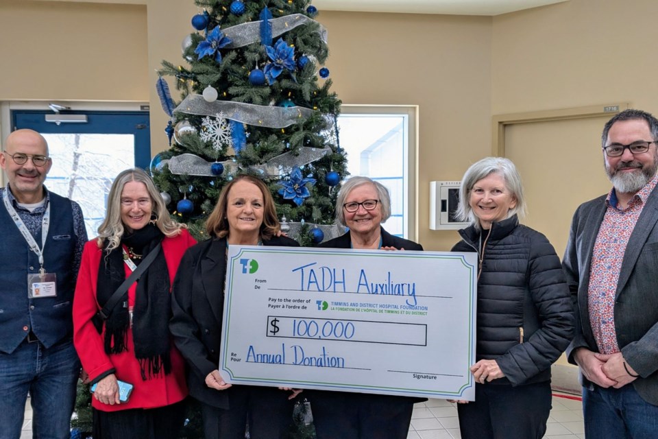 The Timmins and District Hospital Auxiliary donates $100,000 to the foundation. Pictured are, fromleft, chief of staff Dr. Doug Arnold, chief nursing executive Joan Ludwig, auxiliary treasurer Glenna Brazeau, auxiliary president Shirley Deleurant, president/CEO Kate Fyfe, and foundation executive director Jason Laneville.