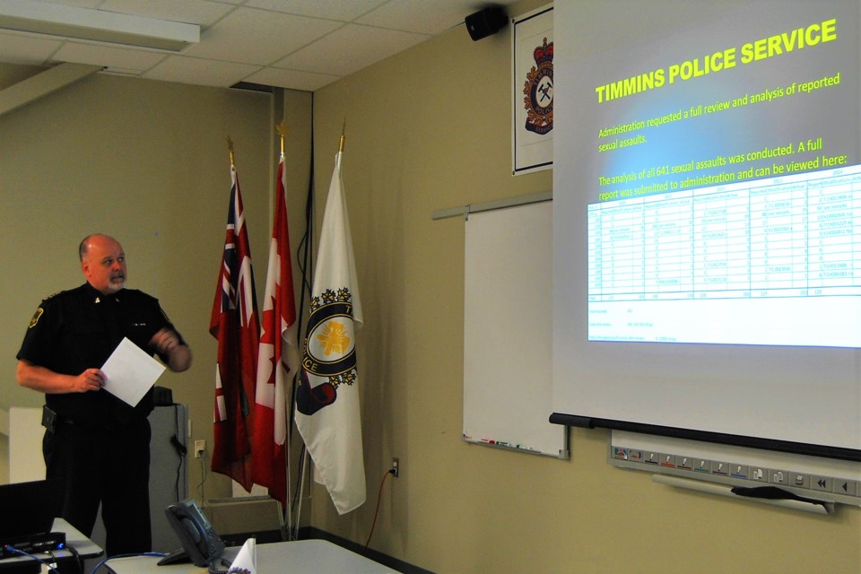 Timmins Police Chief John Gauthier explaining TPS' review of its sexual assault statistics reporting. Frank Giorno for TimminsToday.