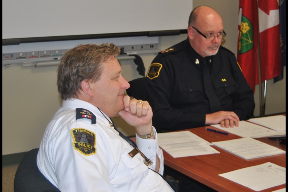 Timmins Police Chief, John Gauthier (right) and Deputy Police Chief (left) announce to Police Board, that Timmins Police and TAWC have formed a working on sexual assault case following a Globe and Mail Canada-wide investigation. Frank Giorno for Timminstoday