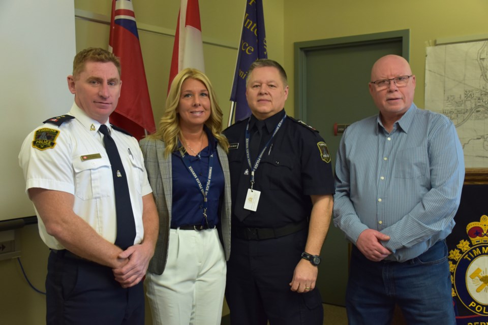 Timmins Police Insp. Darren DInel, left, Const. Tara Laroche, and Sgt. Marty Delich are celebrating 20 years of service. The presentation also honoured Special Const. Daniel Hannah for his years of service from 2008-2020. Maija Hoggett/TimminsToday