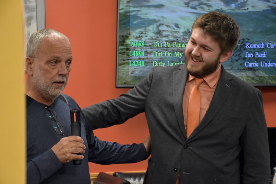 Timmins NDP candidate Corey Lepage, right, and former MPP Gilles Bisson, who was Lepage's campaign manager.