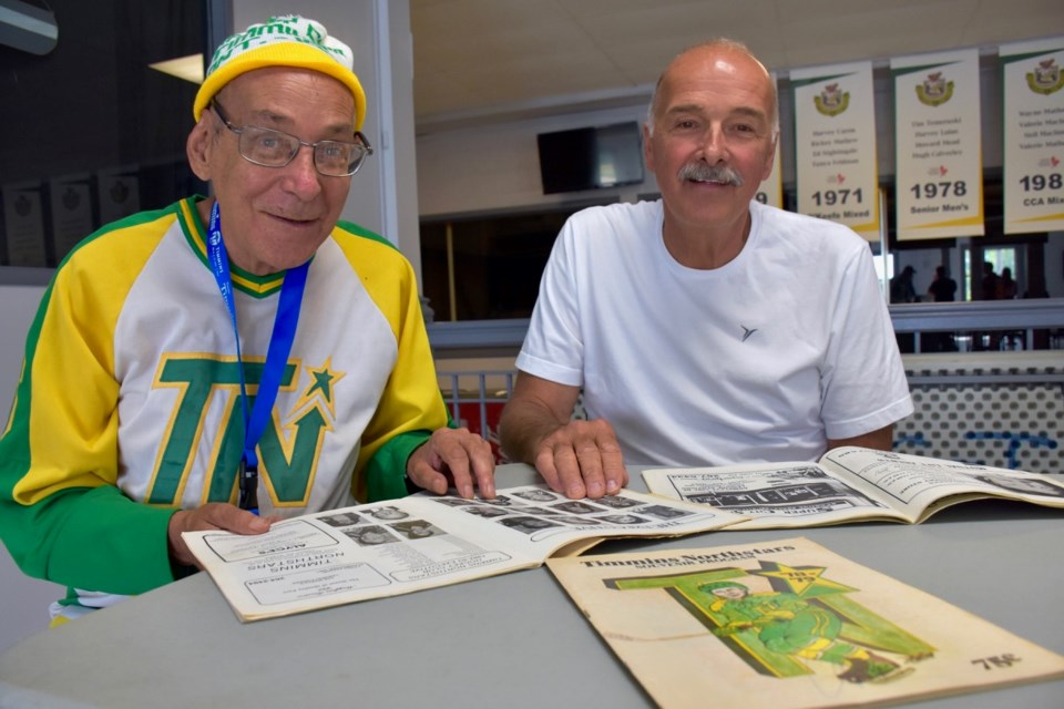 Al Fournier, left, was the assistant manager for the Timmins Northstars, while Rick Stefanich played for the team in the '70s. A reunion Aug. 17 is a chance for former players and fans of the now defunct team to take a trip down memory lane. Maija Hoggett/TimminsToday