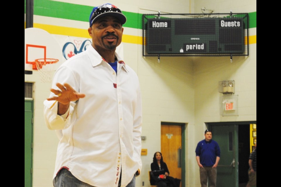 Jesse Barfield addresses students at Roland Michener Secondary in South Porcupine, winning fans from the millennial generation. Photo Frank Giorno, Timminstoday.com 