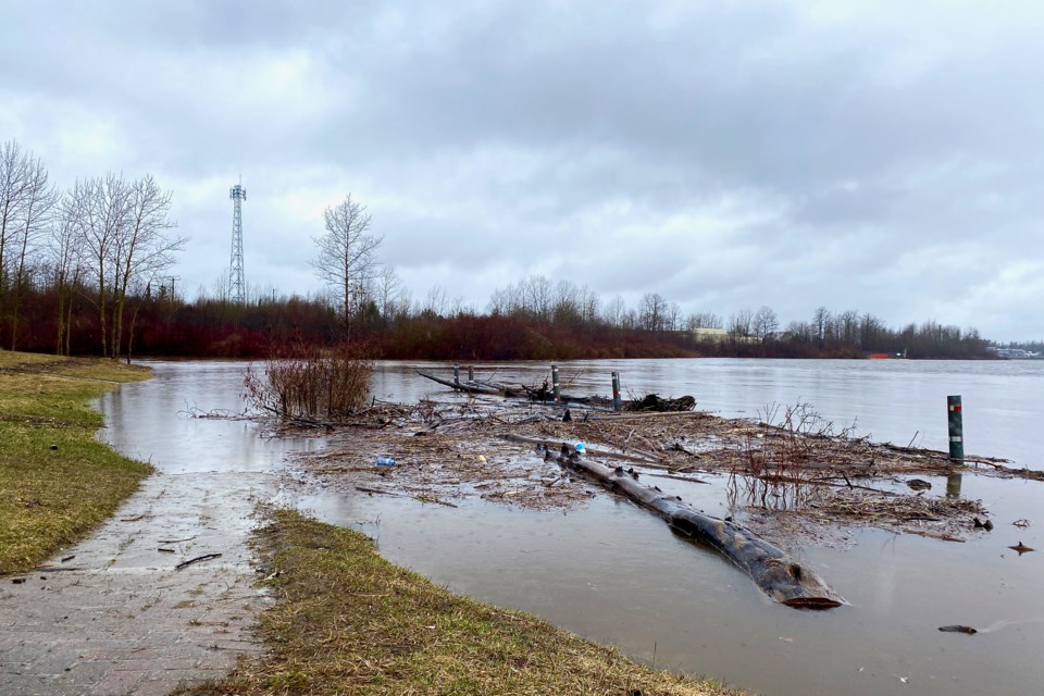 The water is high at the Mattagami River boat launch. A flood warning was issued for the Mattagami River watershed on May 2, 2023.