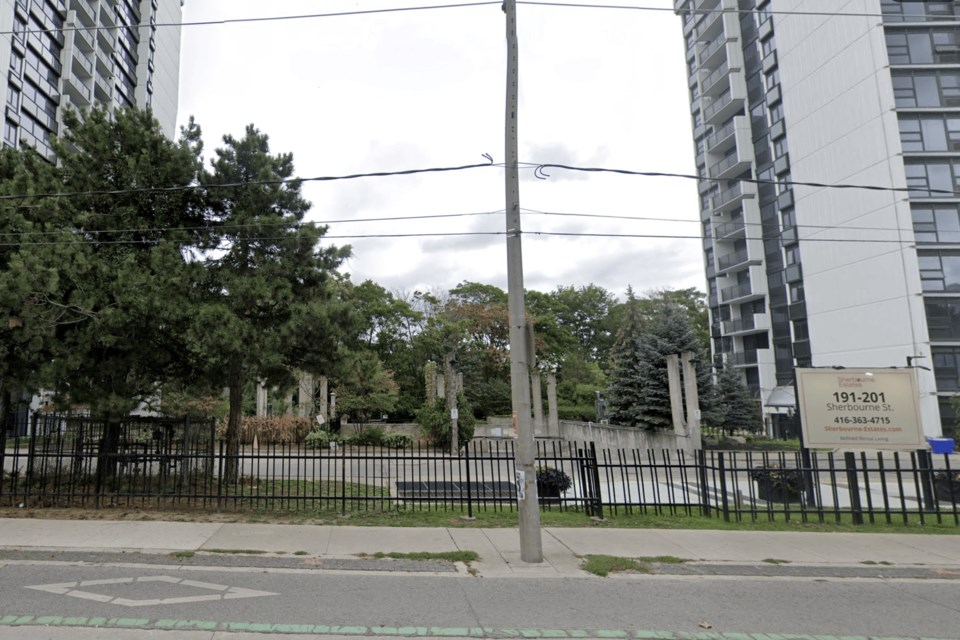 Existing buildings at 191 and 201 Sherbourne St. where a proposed infill project would fill the space between them.