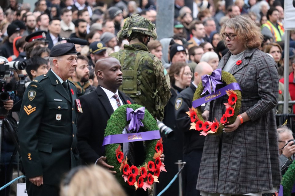 Hundreds gathered around the cenotaph at Toronto's Old City Hall to take in this year's Remembrance Day ceremony.