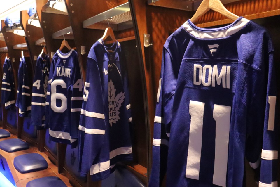 Jerseys hang in the Toronto Maple Leafs dressing room during a guided tour of Scotiabank Arena. 