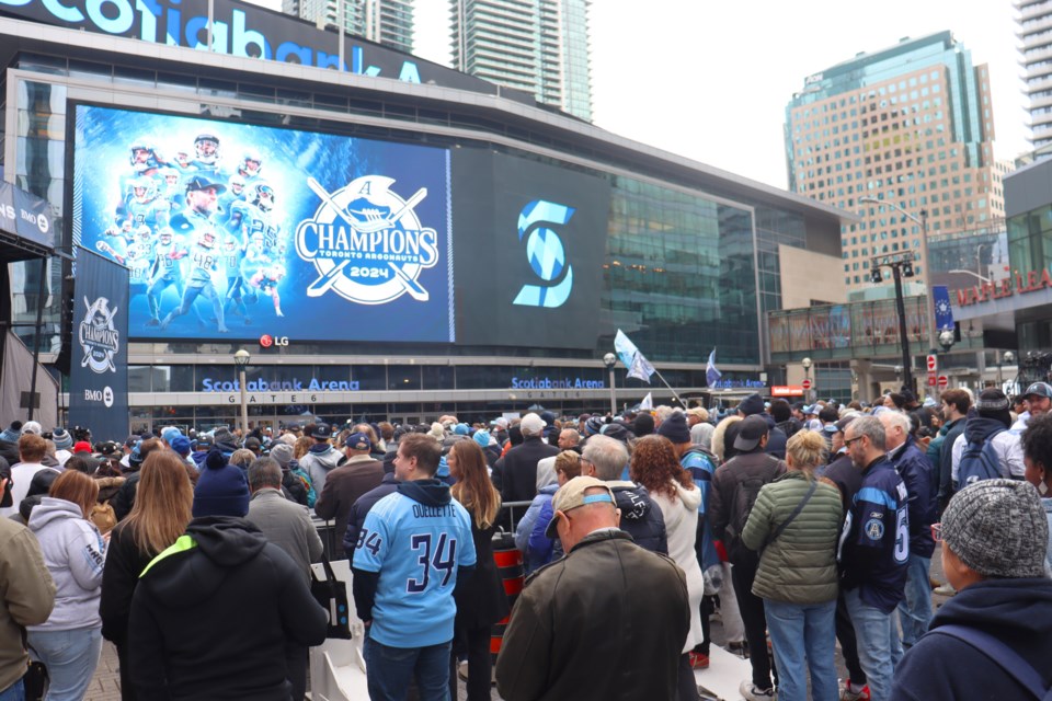 Hundreds packed Maple Leaf Square on Tuesday as the Toronto Argonauts celebrated their CFL-leading 19th Grey Cup victory.