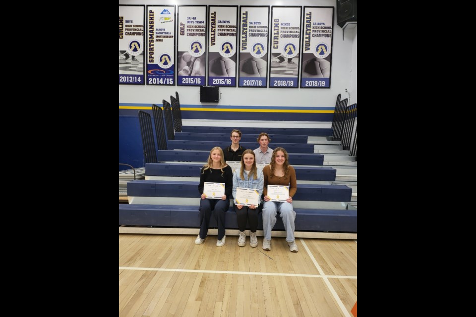 Barrhead High School Athletes of the Year. Front left to right Jenna Piers, Miriam Greilach, Denae Tuininga and Back left to right Ryder Sabiston and Hardy Fischer. Missing Brett Visser.