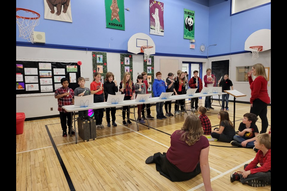 The Dunstable School Grade 5 and 6s played Amazing Grace on the hand chimes at Remembrance Day Ceremony on Thursday, Nov. 7.