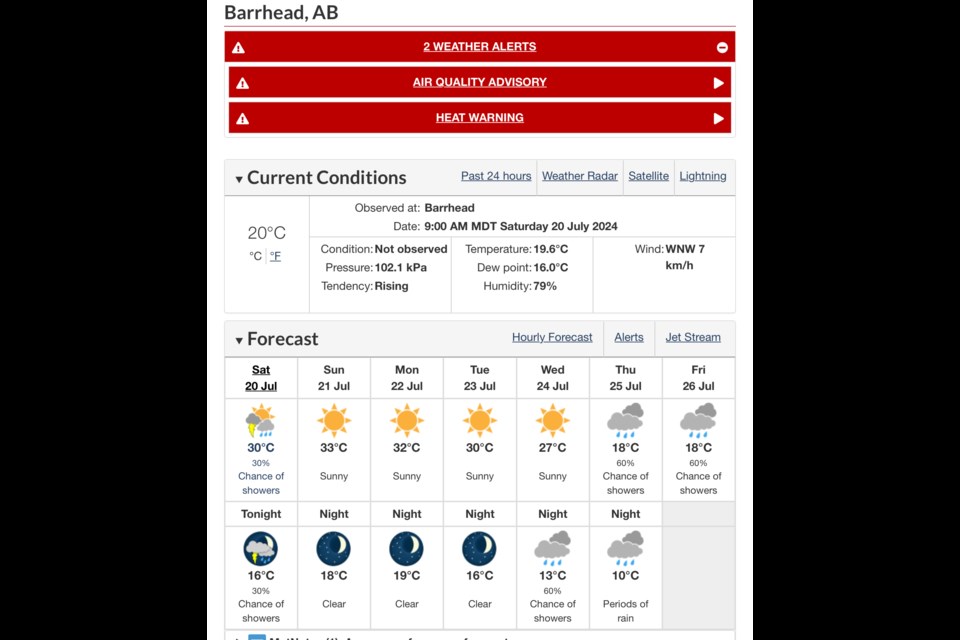 Barrhead Environment Canada air and heat warnings July 20