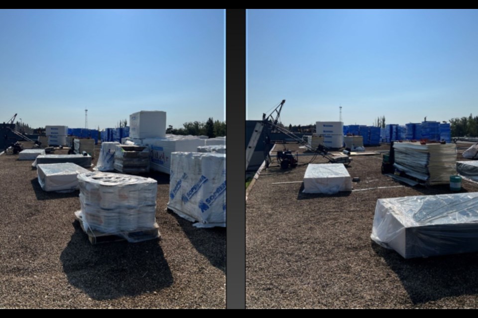 In the spring Barrhead Composite High School had water leaks. The roof membrane was repaired through the summer months. Photo from Tracy Tyreman presentation.