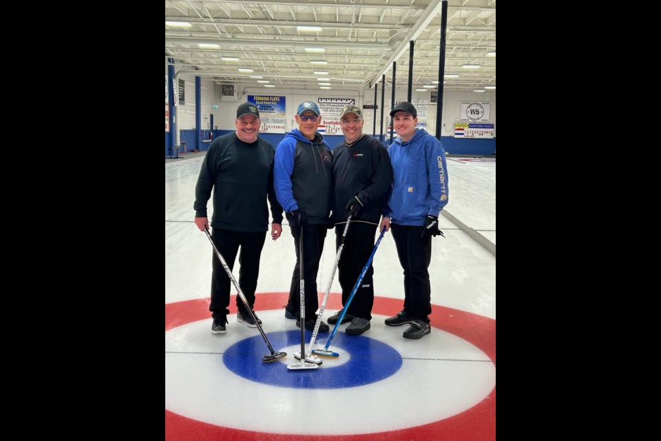 Winning team, Team Sommers from Barrhead (left to right is Kevin Sommers, Ken Degner, Rod Philips and Curtis Sommers, won the A Final game on Mar. 1 after a tight game. Photo Supplied. Sandy Doucet/Barrhead Leader