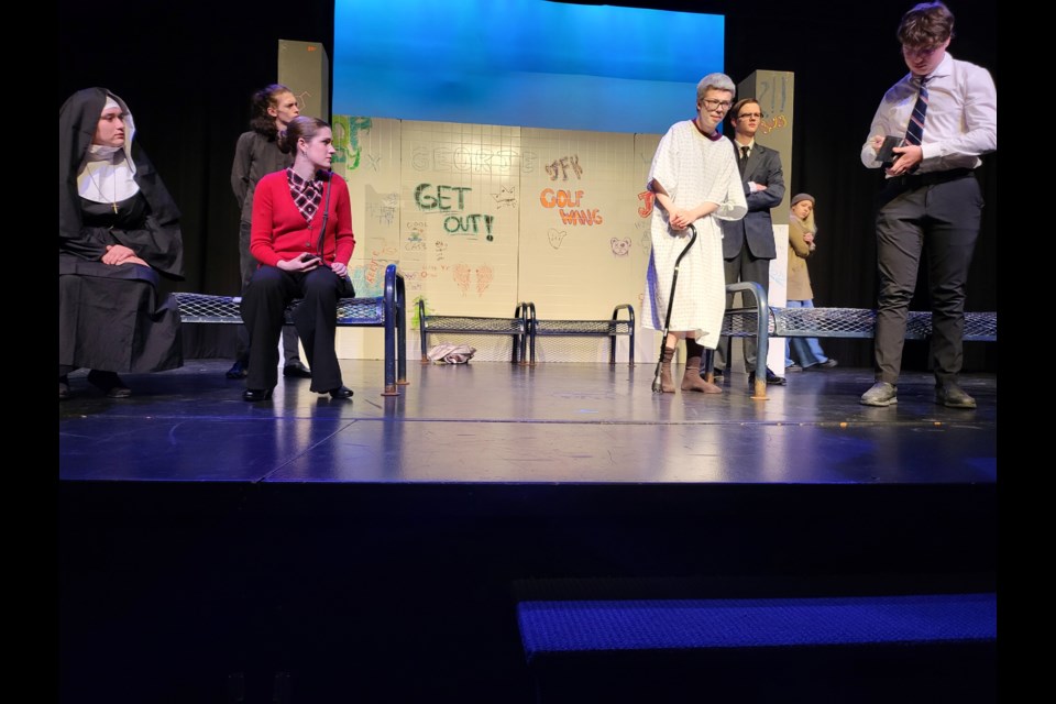 Barrhead High School Drama Class presented Tracks play; Homeless Girl is Jayden Bryant
Old Man is Levi Vanden Hoven,
Lawyer (suit) is Alex Detert Lamothe, The Professor (Black outfit) Branden Young, Business woman is Brenna Bourgeois,
Businessman (white shirt) Mitch McGarva, Nun is Keira Butler