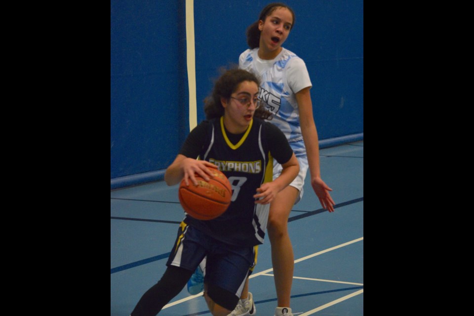 Angie Kamaleddine of the Barrhead Junior Varsity Gryphons in a round-robin tournament game against the Westlock Sharks on Jan. 24. The visiting Barrhead squad defeated the home team 51-38.