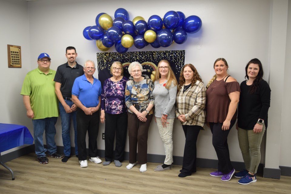 The Barrhead Bowling Association board along with past and current bowling alley managers: from left Chris Lockhart, Ryan Roy, Larry Jansen, Gladys Dotzlat (past manager) Elsie Measures (from the original board), Karen Measures, Diane Magill, Cindy Boser and Tracy Overeem (current manager).

