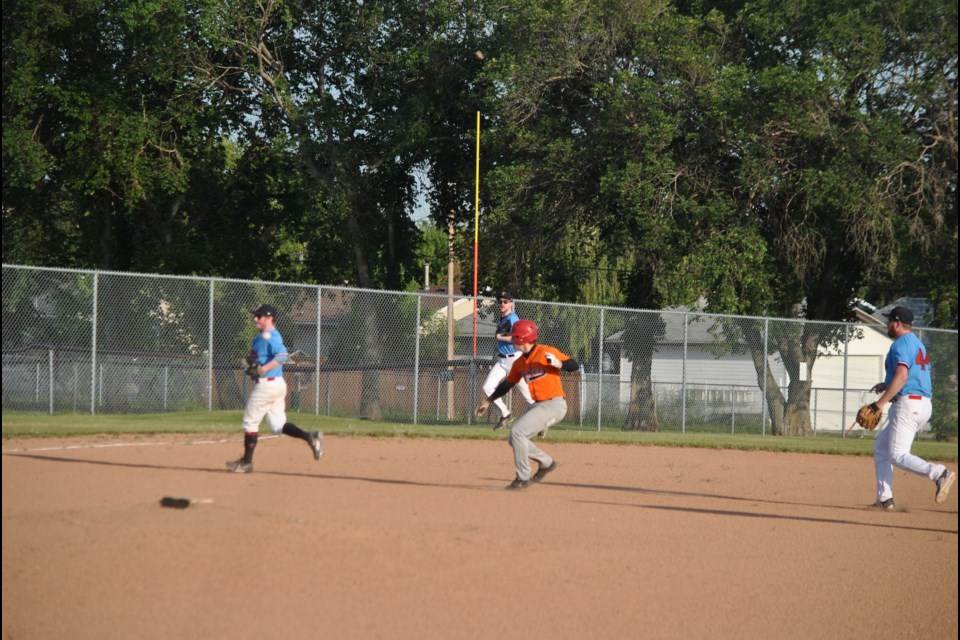 Barrhead's Chase Visser got caught in a rundown between second and third base, eventually being tagged out to end the second inning.