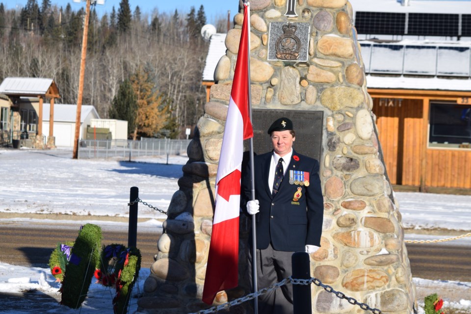 Fort Assinoboine Royal Canadian Legion member and veteran,  Donna Woods serves as part of a two-person colour guard.
Barry Kerton/BL