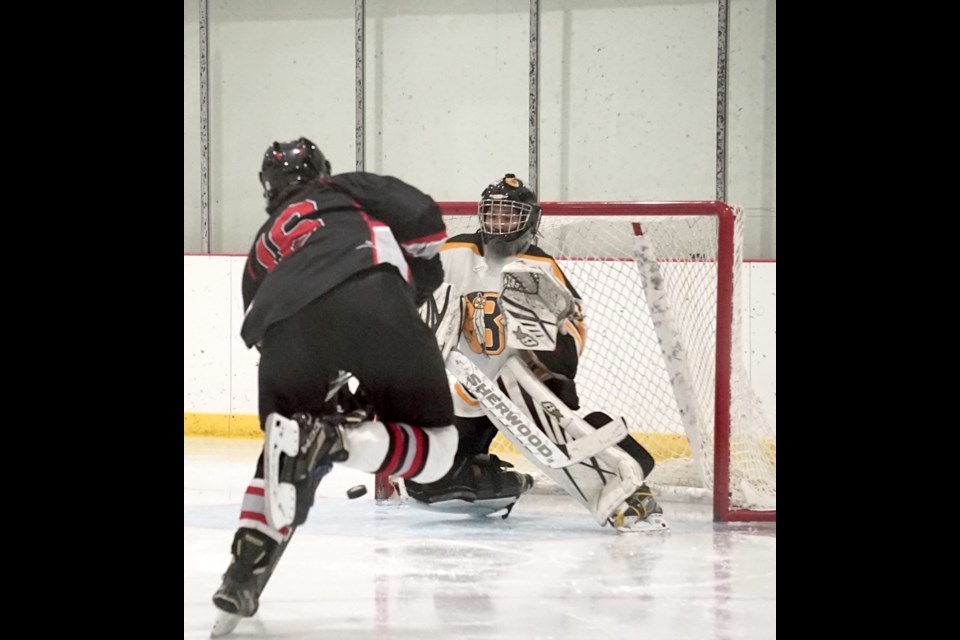 Boyle’s Devon Savard shots on goalie Jaden Waskewitch ended up just left of the post.                                