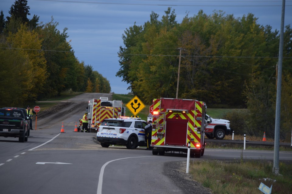 Emergency services personnel respond to a motor vehicle collision at the Highway 18 and Highway 33 intersection North of Barrhead.