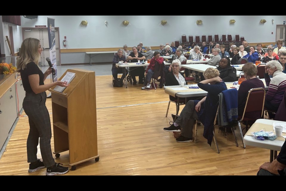 Personal fitness trainer Jordan Walker talks about her exercise program Gentle Fit and the general benefits of exercise during the senior’s conference at the Westlock Memorial Hall on Oct. 18. 