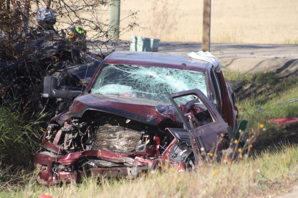 A pickup involved in an Oct. 13 collision in the ditch on Highway 769, near the intersection of Highway 661.