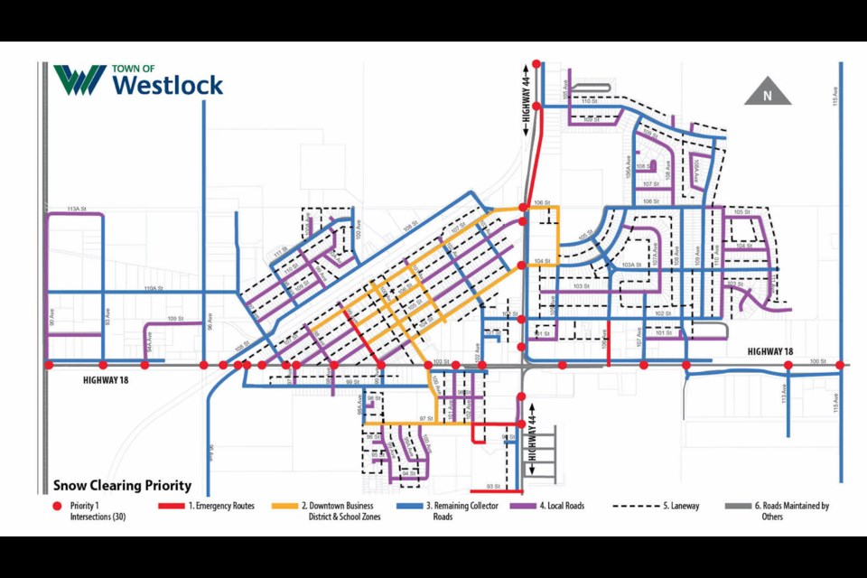 Town of Westlock councillors unanimously approved a handful of changes to the municipality’s snow removal policy Feb. 13. Shown above are the roads and their priority for snow removal (above) and the zones (in second photo).