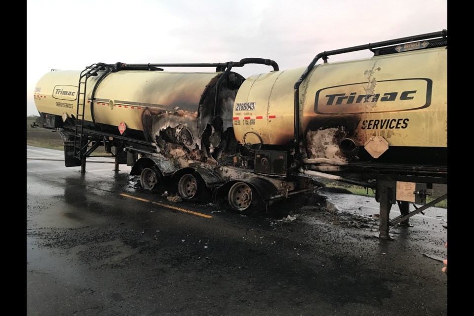 Two, 5.01-tonne semi-truck tanks filled with crude oil were severely damaged following an early-morning fire May 13 on Highway 44 roughly 25 kilometres north of Westlock.