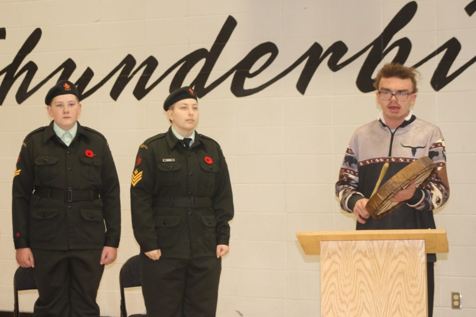 Dennis McDonald (right) performed indigenous songs at the RF Stales high School Remembrance Day on Friday, Nov. 8. with Tucker Sweeney (L) and Jenna Cindric (Center) pictured.