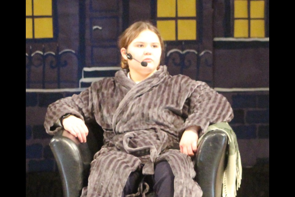 Lily Grenon was the perfect grumpy, angry, frustrated Scrooge in the Pembina North School’s A Christmas Carol on Dec. 12. You could feel Scrooge’s emotions in the crowd.