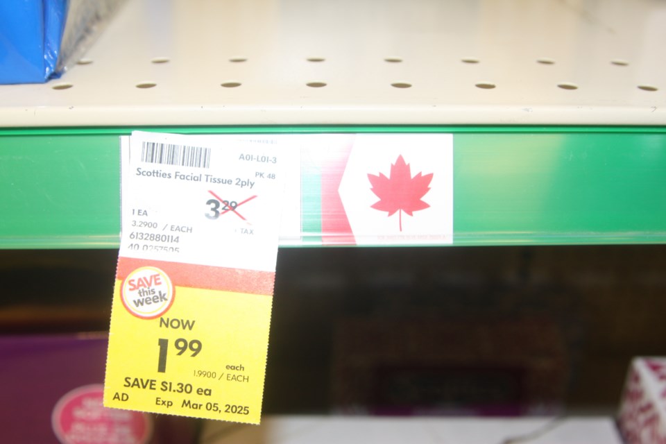 Photo of Sobeys shelf amidst 'buy Canadian' movement to help offset potential U.S. tariffs in 2025.