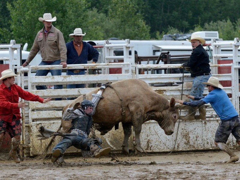 Will Bruce from Airdrie got his hand stuck during the bull riding event at the Boyle Rodeo July 20. Although he didn&#8217;t meet the time of eight seconds needed to place,