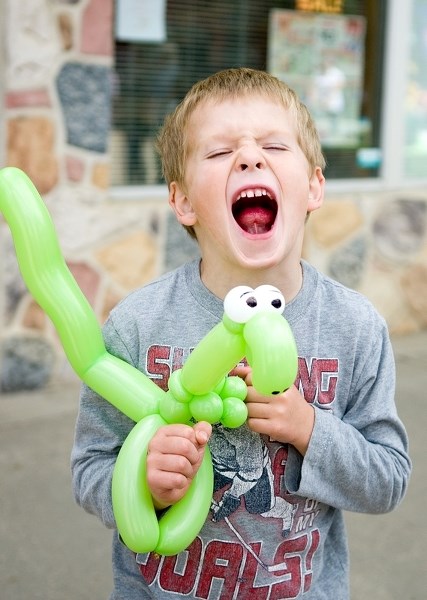 After receiving his dinosaur balloon creation from Russ the Balloon Artist, five year old Cohen Fisher lets out a dinosaur roar of his own during the Barrhead Street Festival 